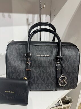 Michael Kors Black Monogram Dome Satchel with MK Charm